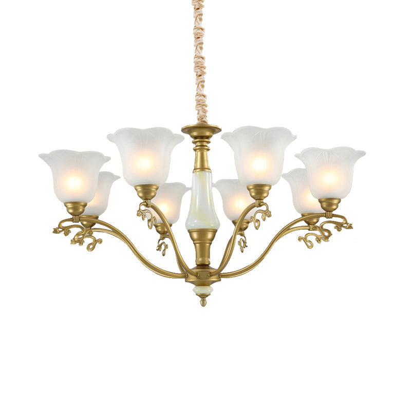 3/6/8 Light Frosted Glass Hanging Chandelier Traditional Brass Scalloped Living Room Pendant Light Fixture Clearhalo 'Ceiling Lights' 'Chandeliers' 'Glass shade' 'Glass' Lighting' 206475