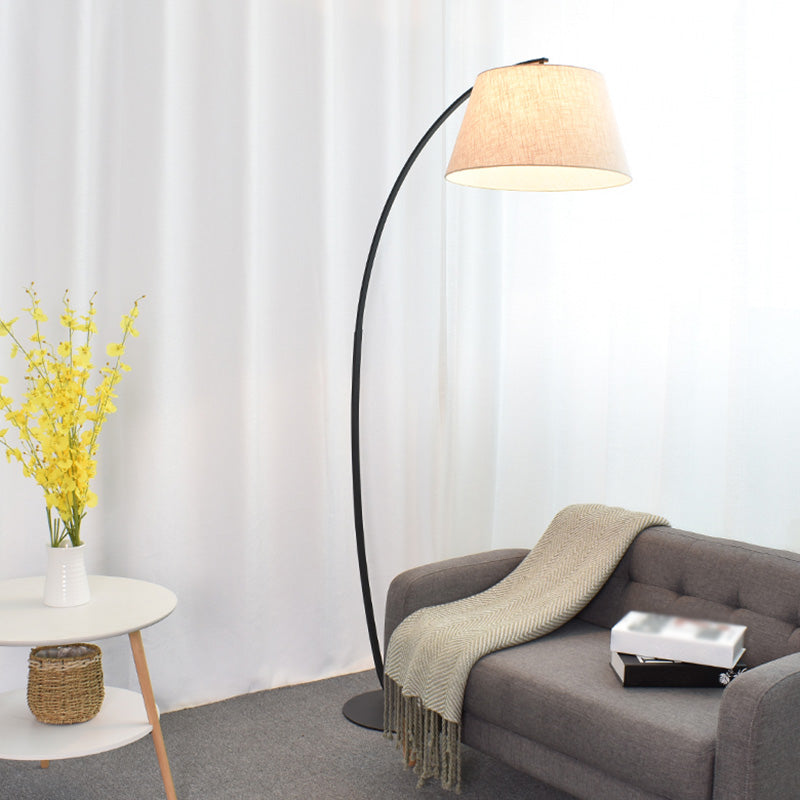 Tapered Drum Shaped Fabric Standing Light Vintage Single Living Room Arched Floor Lamp Flaxen Clearhalo 'Floor Lamps' 'Lamps' Lighting' 2064778
