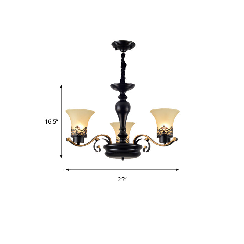 Bell Frosted Glass Chandelier Light Traditional 3/6/8 Light Living Room Pendant Lighting in Black Clearhalo 'Ceiling Lights' 'Chandeliers' 'Glass shade' 'Glass' Lighting' 206527