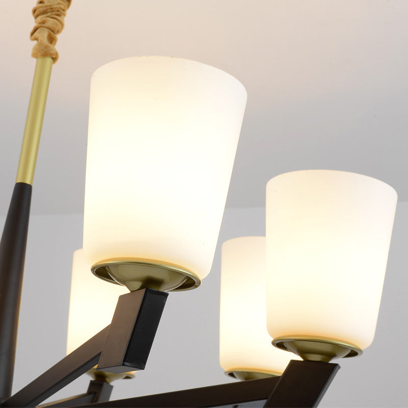 Cone Frosted Glass Light Chandelier Traditional 6/8/12 Lights Living Room Pendant Lighting in Black Clearhalo 'Ceiling Lights' 'Chandeliers' 'Glass shade' 'Glass' Lighting' 206786