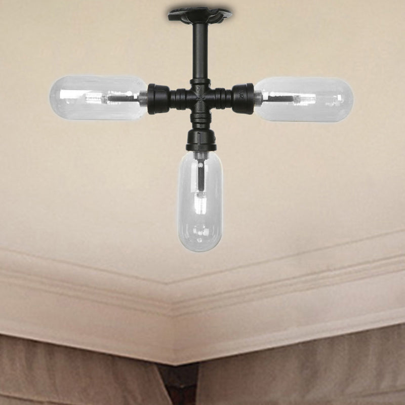 Capsule Semi Flush Light Vintage Style 3/4 Light Matte Black Clear Glass Lighting Fixture with Pipe Design Clearhalo 'Ceiling Lights' 'Close To Ceiling Lights' 'Close to ceiling' 'Semi-flushmount' Lighting' 207590