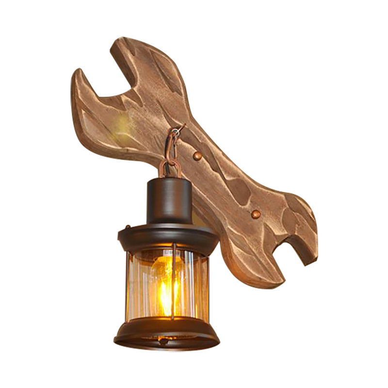 Lantern Indoor Wall Light Fixture Rustic Style Clear Glass 1 Light Black Sconce Lamp with Wooden Backplate Clearhalo 'Art deco wall lights' 'Cast Iron' 'Glass' 'Industrial wall lights' 'Industrial' 'Middle century wall lights' 'Modern' 'Rustic wall lights' 'Tiffany' 'Traditional wall lights' 'Wall Lamps & Sconces' 'Wall Lights' Lighting' 207643