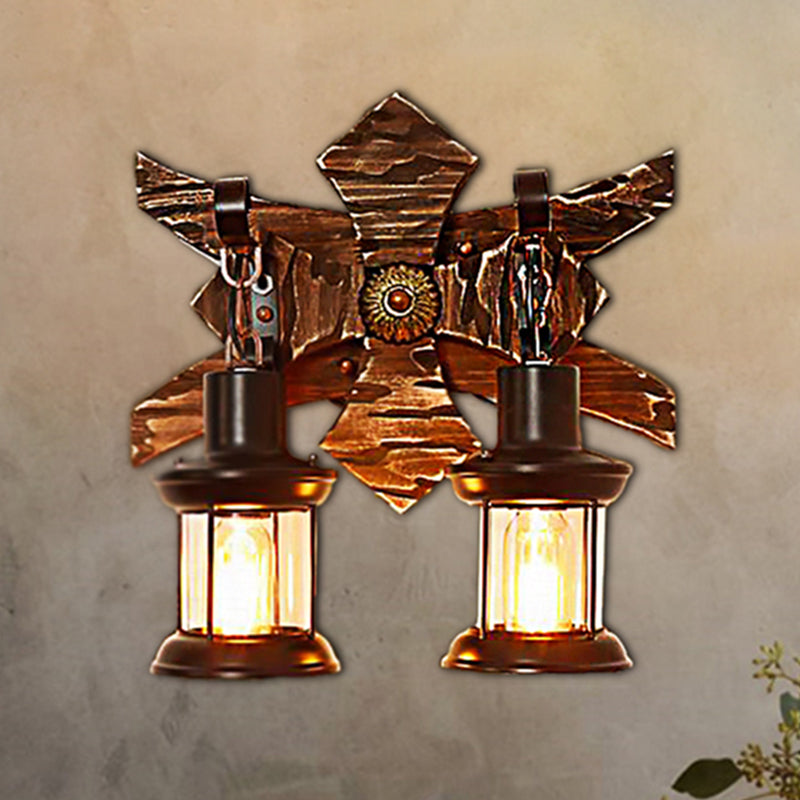 Black Candle/Lantern Wall Lighting Vintage Style Clear Glass/Marble 2-Light Indoor Sconce Lamp with Wooden Backplate Clearhalo 'Art deco wall lights' 'Cast Iron' 'Glass' 'Industrial wall lights' 'Industrial' 'Middle century wall lights' 'Modern' 'Rustic wall lights' 'Tiffany' 'Traditional wall lights' 'Wall Lamps & Sconces' 'Wall Lights' Lighting' 207671