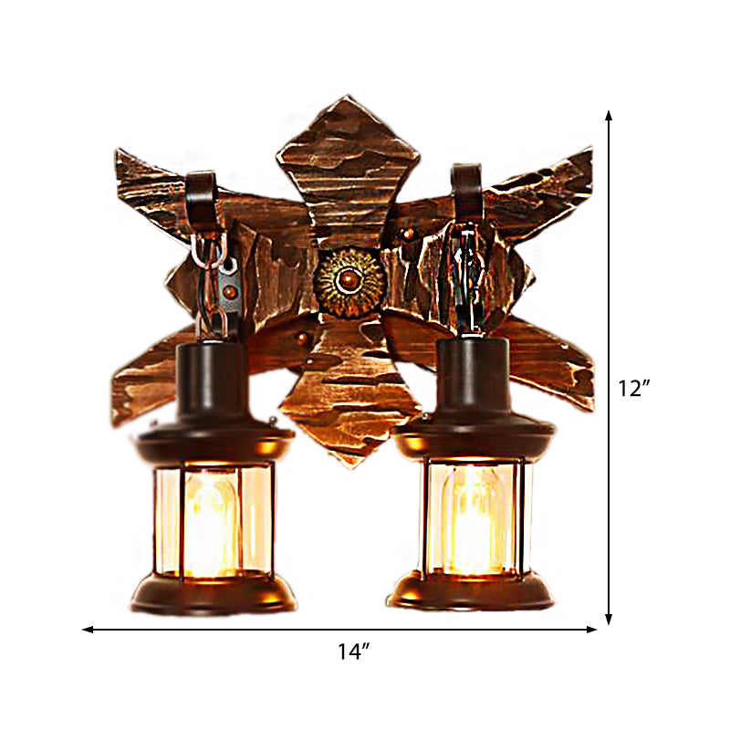 Black Candle/Lantern Wall Lighting Vintage Style Clear Glass/Marble 2-Light Indoor Sconce Lamp with Wooden Backplate Clearhalo 'Art deco wall lights' 'Cast Iron' 'Glass' 'Industrial wall lights' 'Industrial' 'Middle century wall lights' 'Modern' 'Rustic wall lights' 'Tiffany' 'Traditional wall lights' 'Wall Lamps & Sconces' 'Wall Lights' Lighting' 207673