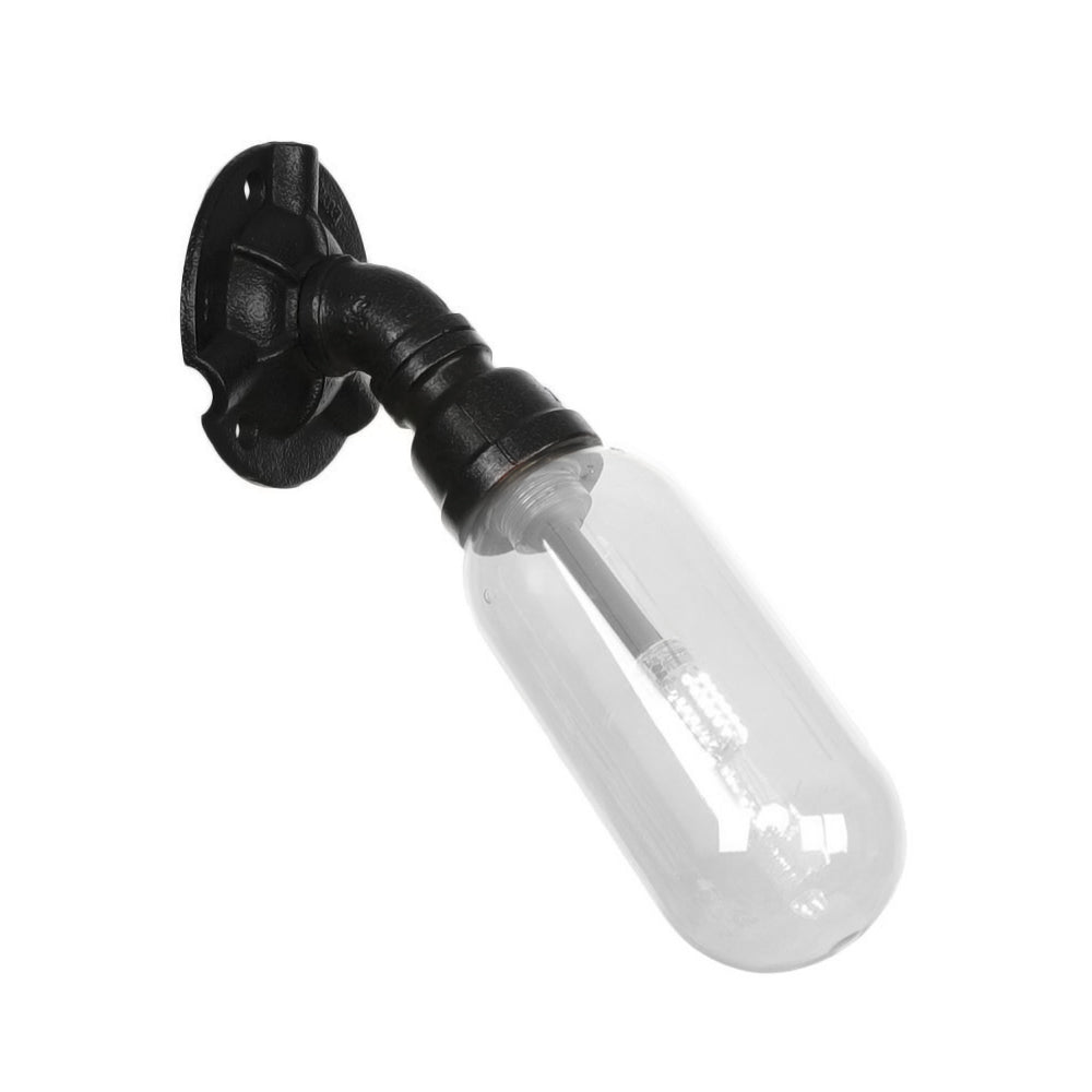 Single Light Clear Glass Wall Mounted Pipe Light Industrial Black Oval Living Room Sconce Clearhalo 'Art deco wall lights' 'Cast Iron' 'Glass' 'Industrial wall lights' 'Industrial' 'Middle century wall lights' 'Modern' 'Rustic wall lights' 'Tiffany' 'Traditional wall lights' 'Wall Lamps & Sconces' 'Wall Lights' Lighting' 208035