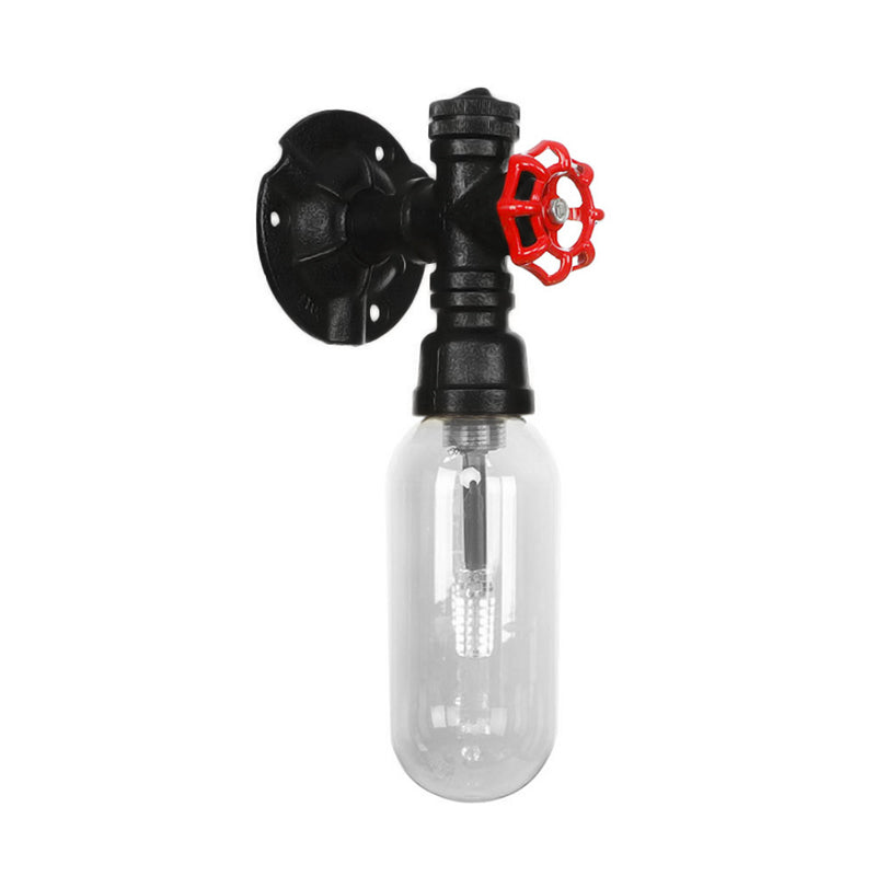 Single Light Clear Glass Wall Mounted Pipe Light Industrial Black Oval Living Room Sconce Clearhalo 'Art deco wall lights' 'Cast Iron' 'Glass' 'Industrial wall lights' 'Industrial' 'Middle century wall lights' 'Modern' 'Rustic wall lights' 'Tiffany' 'Traditional wall lights' 'Wall Lamps & Sconces' 'Wall Lights' Lighting' 208044