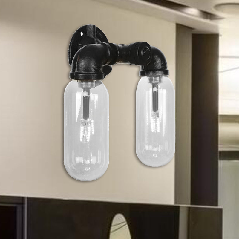 Metal Oval Shade Sconce Lighting Industrial 2 Lights Bedroom Wall Mounted Pipe Light in Black Clearhalo 'Art deco wall lights' 'Cast Iron' 'Glass' 'Industrial wall lights' 'Industrial' 'Middle century wall lights' 'Modern' 'Rustic wall lights' 'Tiffany' 'Traditional wall lights' 'Wall Lamps & Sconces' 'Wall Lights' Lighting' 208103