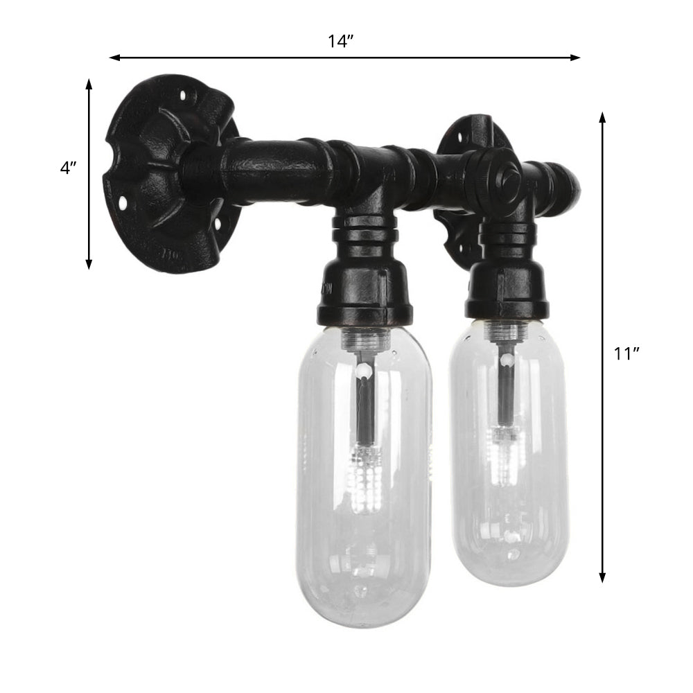 Metal Oval Shade Sconce Lighting Industrial 2 Lights Bedroom Wall Mounted Pipe Light in Black Clearhalo 'Art deco wall lights' 'Cast Iron' 'Glass' 'Industrial wall lights' 'Industrial' 'Middle century wall lights' 'Modern' 'Rustic wall lights' 'Tiffany' 'Traditional wall lights' 'Wall Lamps & Sconces' 'Wall Lights' Lighting' 208105