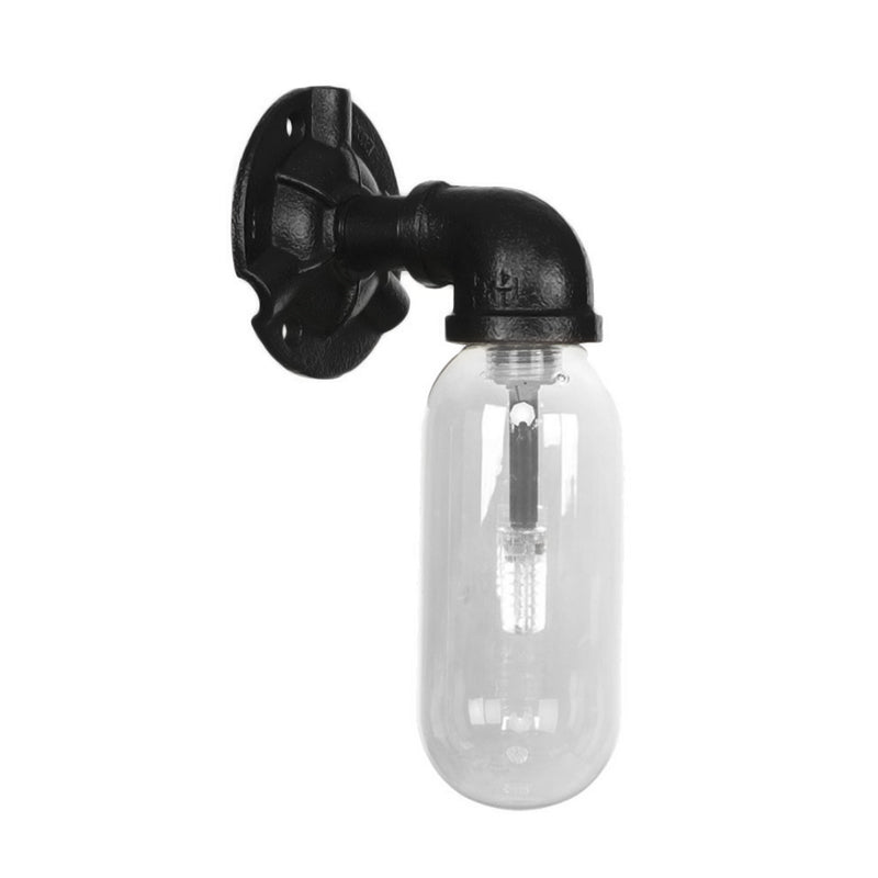 Black Capsule Shade Sconce Light Industrial Clear Glass 1 Light Corridor Wall Mount Lighting with Pipe Design Clearhalo 'Art deco wall lights' 'Cast Iron' 'Glass' 'Industrial wall lights' 'Industrial' 'Middle century wall lights' 'Modern' 'Rustic wall lights' 'Tiffany' 'Traditional wall lights' 'Wall Lamps & Sconces' 'Wall Lights' Lighting' 208137