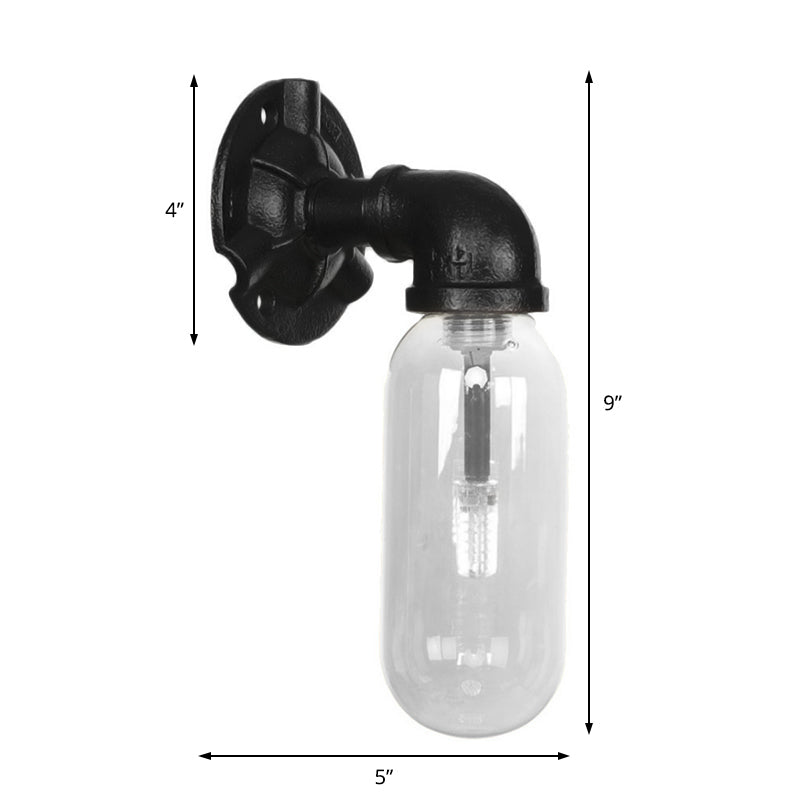 Black Capsule Shade Sconce Light Industrial Clear Glass 1 Light Corridor Wall Mount Lighting with Pipe Design Clearhalo 'Art deco wall lights' 'Cast Iron' 'Glass' 'Industrial wall lights' 'Industrial' 'Middle century wall lights' 'Modern' 'Rustic wall lights' 'Tiffany' 'Traditional wall lights' 'Wall Lamps & Sconces' 'Wall Lights' Lighting' 208138