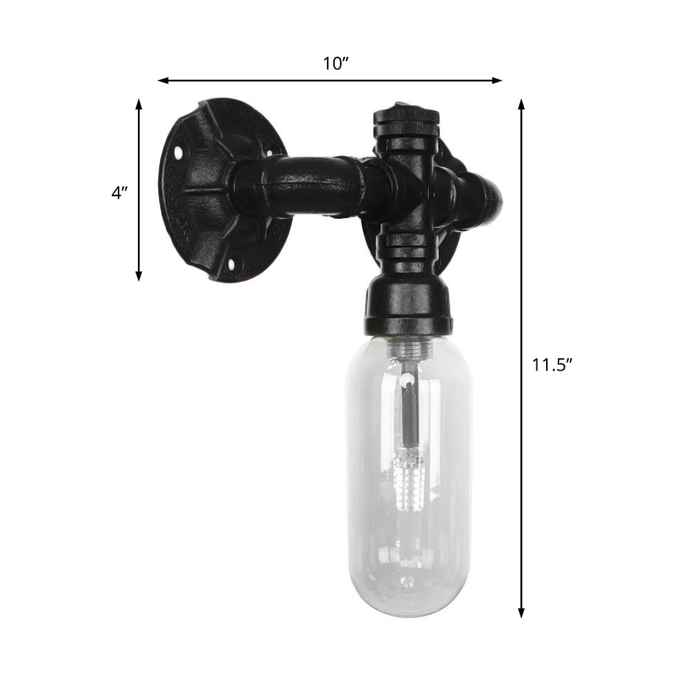Black Capsule Shade Sconce Light Industrial Clear Glass 1 Light Corridor Wall Mount Lighting with Pipe Design Clearhalo 'Art deco wall lights' 'Cast Iron' 'Glass' 'Industrial wall lights' 'Industrial' 'Middle century wall lights' 'Modern' 'Rustic wall lights' 'Tiffany' 'Traditional wall lights' 'Wall Lamps & Sconces' 'Wall Lights' Lighting' 208141