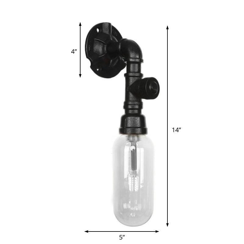 Industrial Capsule Shade Sconce Light Fixture Single Bulb Clear Glass Wall Mounted Pipe Light in Black Clearhalo 'Art deco wall lights' 'Cast Iron' 'Glass' 'Industrial wall lights' 'Industrial' 'Middle century wall lights' 'Modern' 'Rustic wall lights' 'Tiffany' 'Traditional wall lights' 'Wall Lamps & Sconces' 'Wall Lights' Lighting' 208162