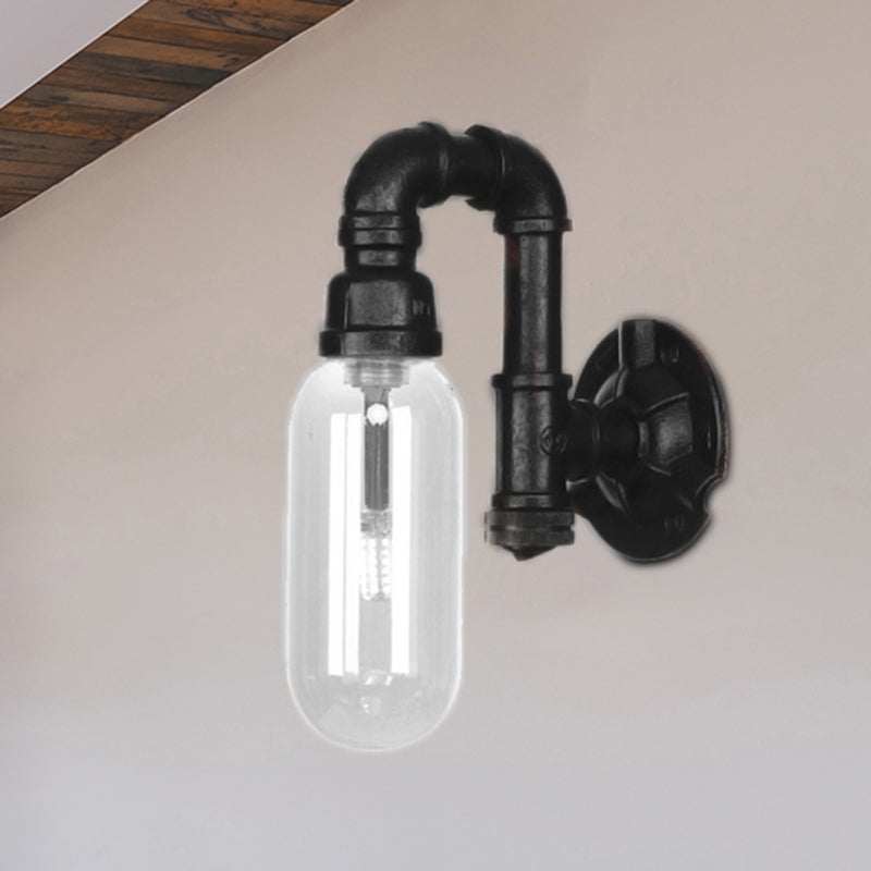 Industrial Capsule Shade Sconce Light Fixture Single Bulb Clear Glass Wall Mounted Pipe Light in Black Clearhalo 'Art deco wall lights' 'Cast Iron' 'Glass' 'Industrial wall lights' 'Industrial' 'Middle century wall lights' 'Modern' 'Rustic wall lights' 'Tiffany' 'Traditional wall lights' 'Wall Lamps & Sconces' 'Wall Lights' Lighting' 208164