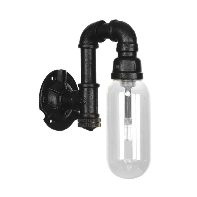 Industrial Capsule Shade Sconce Light Fixture Single Bulb Clear Glass Wall Mounted Pipe Light in Black Clearhalo 'Art deco wall lights' 'Cast Iron' 'Glass' 'Industrial wall lights' 'Industrial' 'Middle century wall lights' 'Modern' 'Rustic wall lights' 'Tiffany' 'Traditional wall lights' 'Wall Lamps & Sconces' 'Wall Lights' Lighting' 208165
