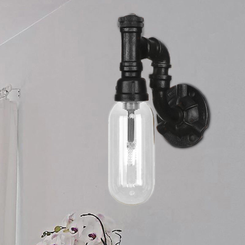 Industrial Capsule Shade Sconce Light Fixture Single Bulb Clear Glass Wall Mounted Pipe Light in Black Black B Clearhalo 'Art deco wall lights' 'Cast Iron' 'Glass' 'Industrial wall lights' 'Industrial' 'Middle century wall lights' 'Modern' 'Rustic wall lights' 'Tiffany' 'Traditional wall lights' 'Wall Lamps & Sconces' 'Wall Lights' Lighting' 208167