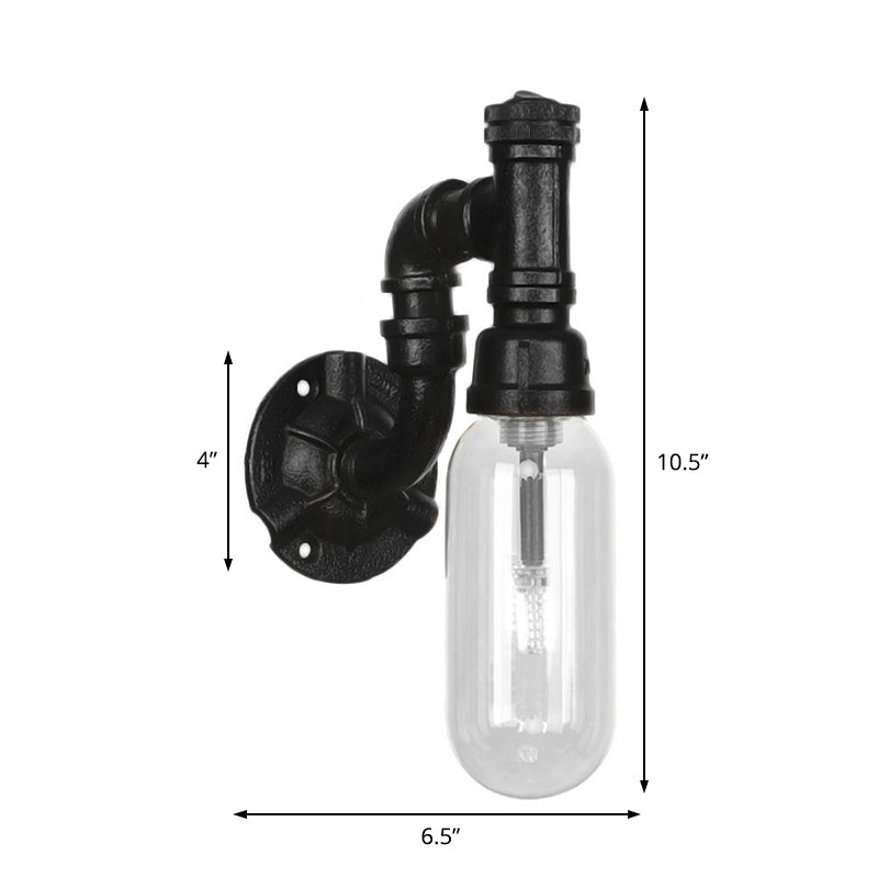 Industrial Capsule Shade Sconce Light Fixture Single Bulb Clear Glass Wall Mounted Pipe Light in Black Clearhalo 'Art deco wall lights' 'Cast Iron' 'Glass' 'Industrial wall lights' 'Industrial' 'Middle century wall lights' 'Modern' 'Rustic wall lights' 'Tiffany' 'Traditional wall lights' 'Wall Lamps & Sconces' 'Wall Lights' Lighting' 208169