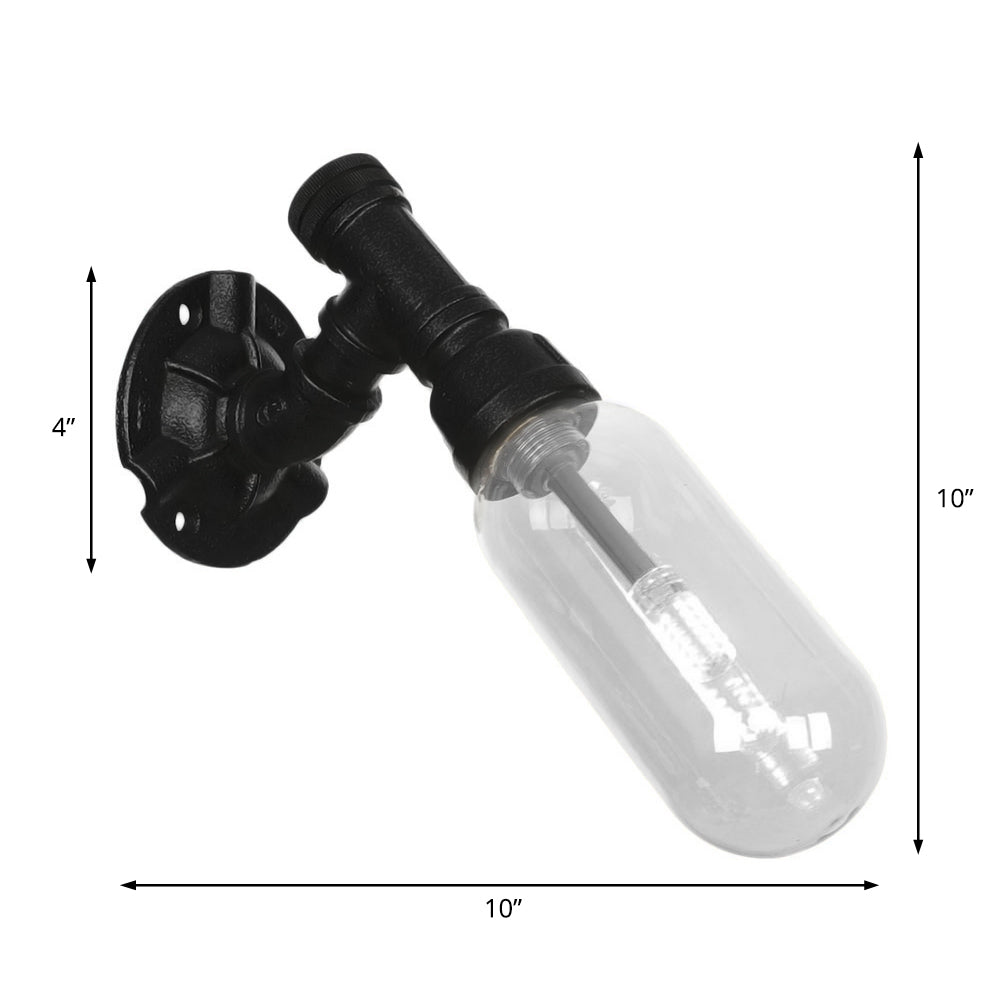 1 Light Wall Lamp Lighting Industrial Capsule Clear Glass Sconce Light Fixture in Black with Pipe Design Clearhalo 'Art deco wall lights' 'Cast Iron' 'Glass' 'Industrial wall lights' 'Industrial' 'Middle century wall lights' 'Modern' 'Rustic wall lights' 'Tiffany' 'Traditional wall lights' 'Wall Lamps & Sconces' 'Wall Lights' Lighting' 208181