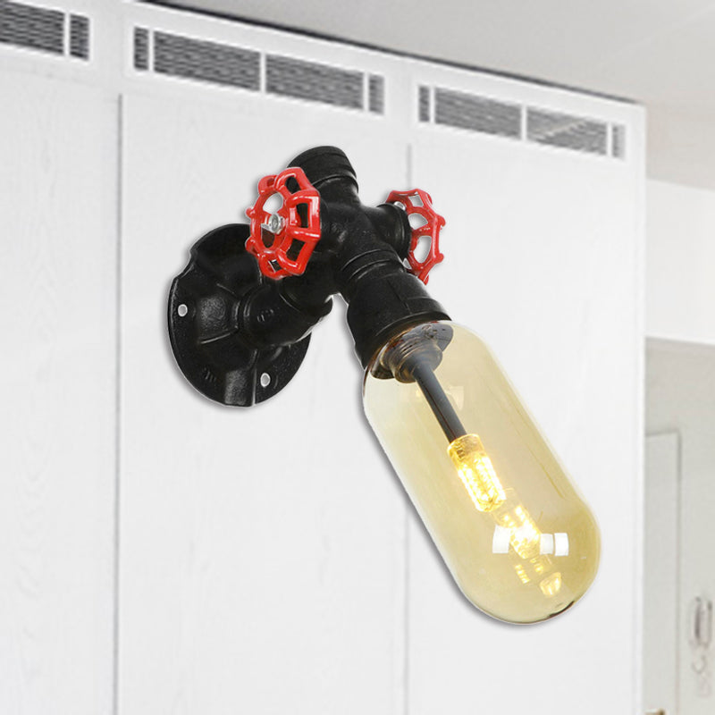 1 Bulb Capsule Sconce Lamp Black Industrial Metal and Amber Glass Wall Mounted Light for Indoor with Pipe Black E Clearhalo 'Art deco wall lights' 'Cast Iron' 'Glass' 'Industrial wall lights' 'Industrial' 'Middle century wall lights' 'Modern' 'Rustic wall lights' 'Tiffany' 'Traditional wall lights' 'Wall Lamps & Sconces' 'Wall Lights' Lighting' 208224