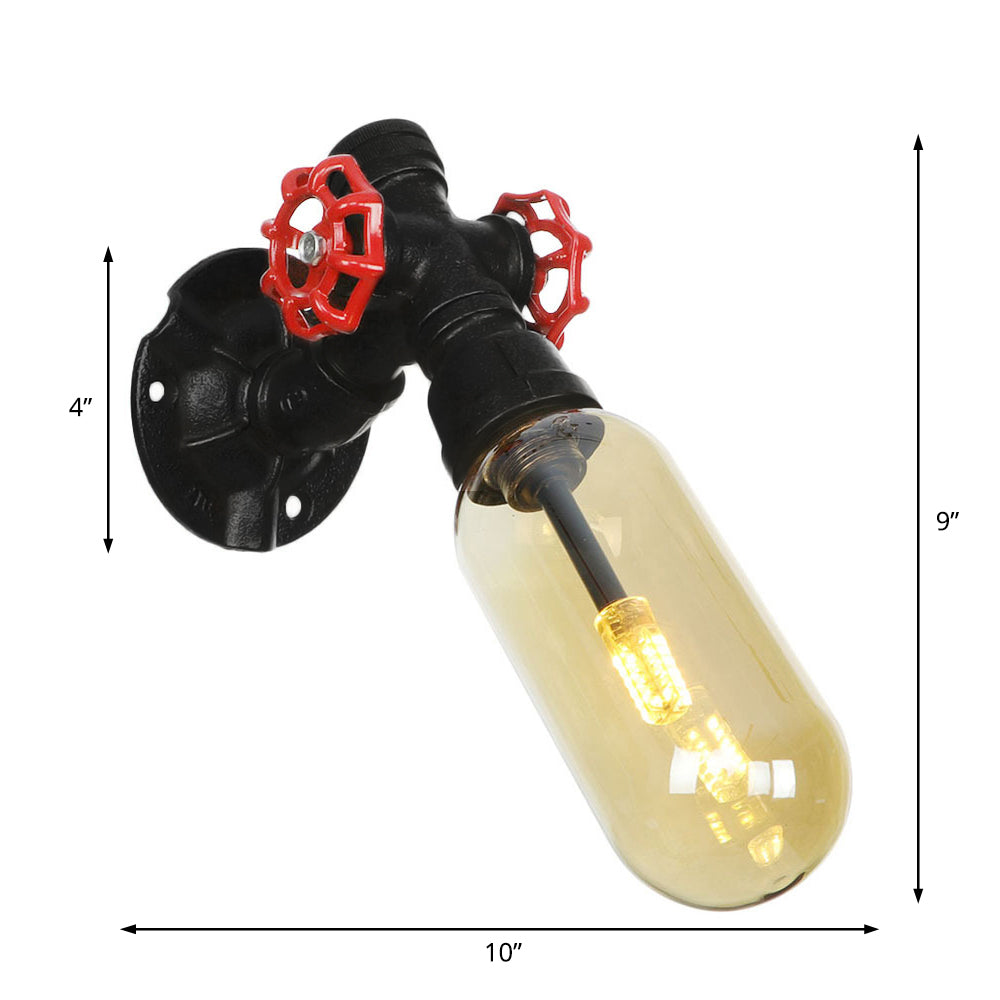 1 Bulb Capsule Sconce Lamp Black Industrial Metal and Amber Glass Wall Mounted Light for Indoor with Pipe Clearhalo 'Art deco wall lights' 'Cast Iron' 'Glass' 'Industrial wall lights' 'Industrial' 'Middle century wall lights' 'Modern' 'Rustic wall lights' 'Tiffany' 'Traditional wall lights' 'Wall Lamps & Sconces' 'Wall Lights' Lighting' 208226