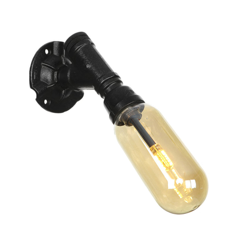 1 Bulb Capsule Sconce Lamp Black Industrial Metal and Amber Glass Wall Mounted Light for Indoor with Pipe Clearhalo 'Art deco wall lights' 'Cast Iron' 'Glass' 'Industrial wall lights' 'Industrial' 'Middle century wall lights' 'Modern' 'Rustic wall lights' 'Tiffany' 'Traditional wall lights' 'Wall Lamps & Sconces' 'Wall Lights' Lighting' 208237