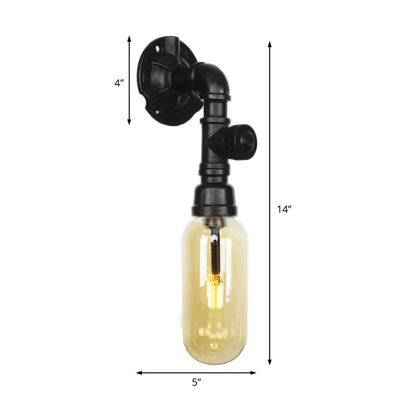 Oval Amber Glass Sconce Lighting Industrial 1 Bulb Corridor Wall Mounted Lamp in Black with Pipe Design Clearhalo 'Art deco wall lights' 'Cast Iron' 'Glass' 'Industrial wall lights' 'Industrial' 'Middle century wall lights' 'Modern' 'Rustic wall lights' 'Tiffany' 'Traditional wall lights' 'Wall Lamps & Sconces' 'Wall Lights' Lighting' 208301