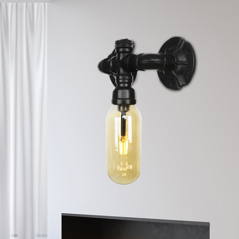 Oval Amber Glass Sconce Lighting Industrial 1 Bulb Corridor Wall Mounted Lamp in Black with Pipe Design Black C Clearhalo 'Art deco wall lights' 'Cast Iron' 'Glass' 'Industrial wall lights' 'Industrial' 'Middle century wall lights' 'Modern' 'Rustic wall lights' 'Tiffany' 'Traditional wall lights' 'Wall Lamps & Sconces' 'Wall Lights' Lighting' 208302