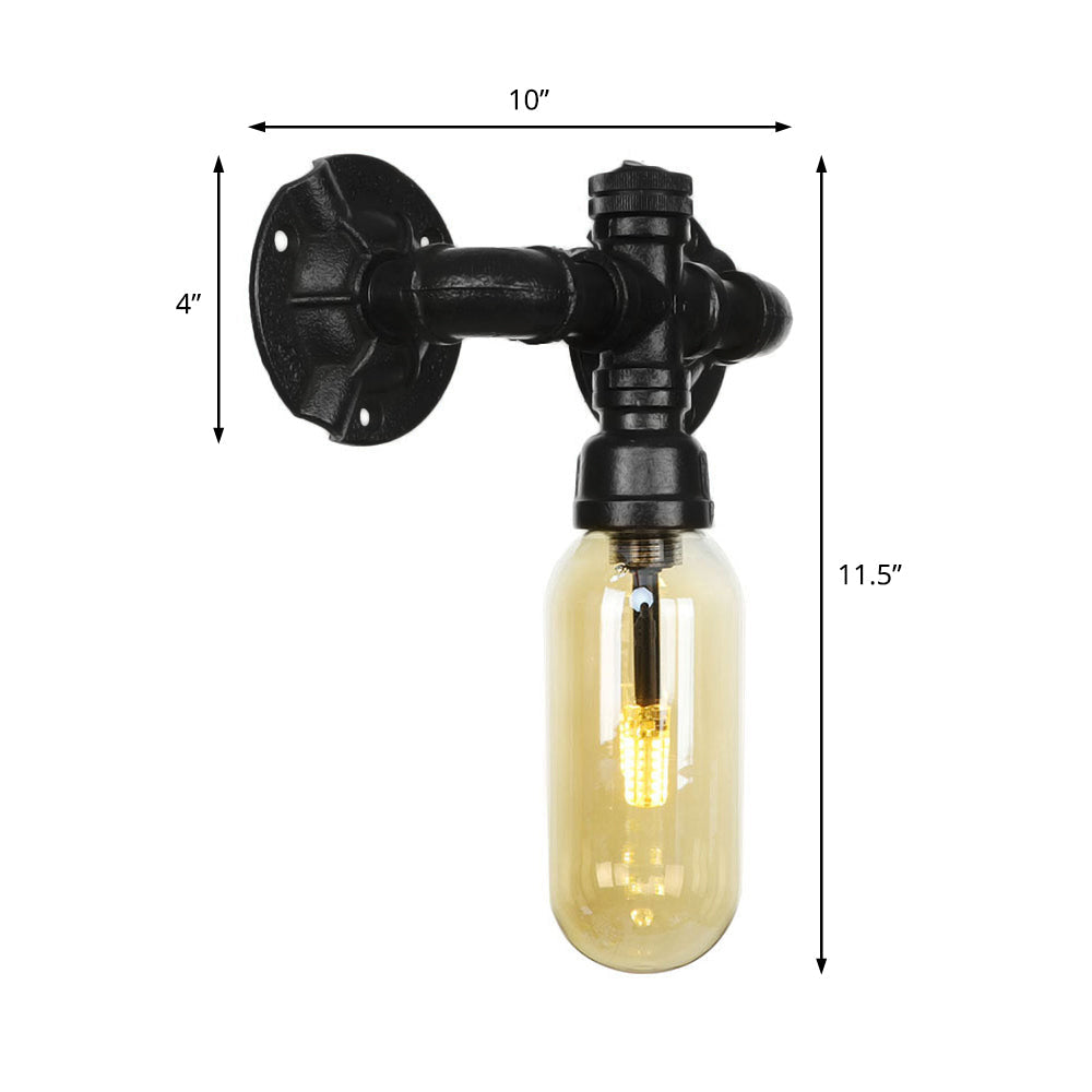 Oval Amber Glass Sconce Lighting Industrial 1 Bulb Corridor Wall Mounted Lamp in Black with Pipe Design Clearhalo 'Art deco wall lights' 'Cast Iron' 'Glass' 'Industrial wall lights' 'Industrial' 'Middle century wall lights' 'Modern' 'Rustic wall lights' 'Tiffany' 'Traditional wall lights' 'Wall Lamps & Sconces' 'Wall Lights' Lighting' 208304