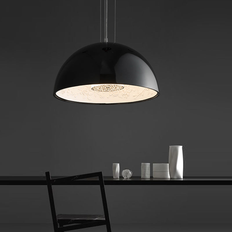 Dome Shade Pendant Lamp with Flower Pattern Inside Modern Metal 1 Light Gold/Coffee/Black Hanging Ceiling Light, 16"/23.5"/35.5" Wide Black Clearhalo 'Ceiling Lights' 'Modern Pendants' 'Modern' 'Pendant Lights' 'Pendants' Lighting' 208306