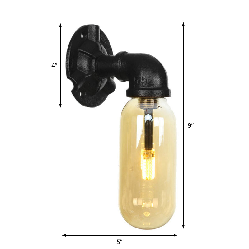 Capsule Amber Glass Sconce Lighting Industrial 1 Bulb Indoor Wall Mounted Lamp in Black with Pipe Design Clearhalo 'Art deco wall lights' 'Cast Iron' 'Glass' 'Industrial wall lights' 'Industrial' 'Middle century wall lights' 'Modern' 'Rustic wall lights' 'Tiffany' 'Traditional wall lights' 'Wall Lamps & Sconces' 'Wall Lights' Lighting' 208382