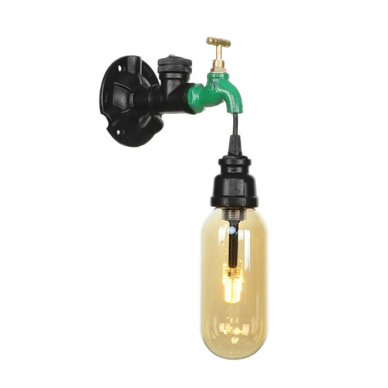 Capsule Amber Glass Sconce Lighting Industrial 1 Bulb Indoor Wall Mounted Lamp in Black with Pipe Design Clearhalo 'Art deco wall lights' 'Cast Iron' 'Glass' 'Industrial wall lights' 'Industrial' 'Middle century wall lights' 'Modern' 'Rustic wall lights' 'Tiffany' 'Traditional wall lights' 'Wall Lamps & Sconces' 'Wall Lights' Lighting' 208388