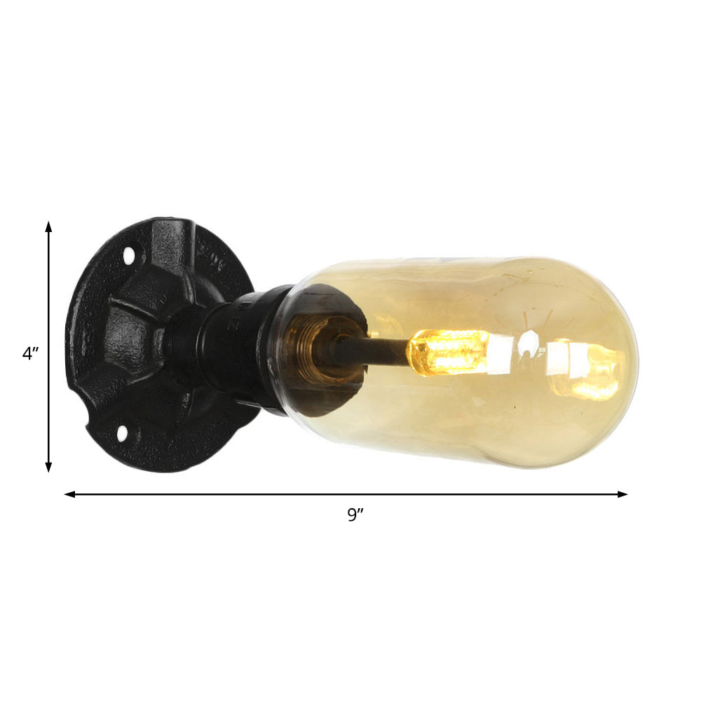 1/2 Bulb Wall Light Capsule Amber Glass Industrial Dining Room Sconce Lighting Fixture in Black with Pipe Design Clearhalo 'Art deco wall lights' 'Cast Iron' 'Glass' 'Industrial wall lights' 'Industrial' 'Middle century wall lights' 'Modern' 'Rustic wall lights' 'Tiffany' 'Traditional wall lights' 'Wall Lamps & Sconces' 'Wall Lights' Lighting' 208439