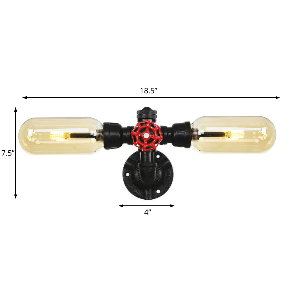 1/2 Bulb Wall Light Capsule Amber Glass Industrial Dining Room Sconce Lighting Fixture in Black with Pipe Design Clearhalo 'Art deco wall lights' 'Cast Iron' 'Glass' 'Industrial wall lights' 'Industrial' 'Middle century wall lights' 'Modern' 'Rustic wall lights' 'Tiffany' 'Traditional wall lights' 'Wall Lamps & Sconces' 'Wall Lights' Lighting' 208445