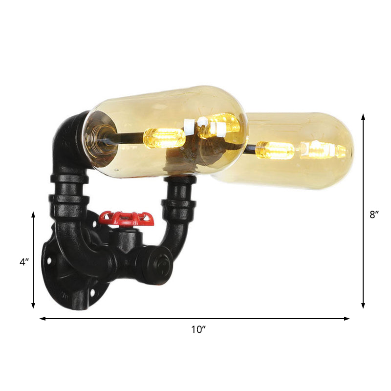 1/2 Bulb Wall Light Capsule Amber Glass Industrial Dining Room Sconce Lighting Fixture in Black with Pipe Design Clearhalo 'Art deco wall lights' 'Cast Iron' 'Glass' 'Industrial wall lights' 'Industrial' 'Middle century wall lights' 'Modern' 'Rustic wall lights' 'Tiffany' 'Traditional wall lights' 'Wall Lamps & Sconces' 'Wall Lights' Lighting' 208449