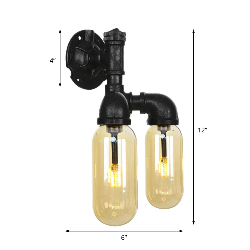 Amber Glass Black Sconce Light Capsule 2 Light Industrial Wall Mounted Pipe Light for Living Room Clearhalo 'Art deco wall lights' 'Cast Iron' 'Glass' 'Industrial wall lights' 'Industrial' 'Middle century wall lights' 'Modern' 'Rustic wall lights' 'Tiffany' 'Traditional wall lights' 'Wall Lamps & Sconces' 'Wall Lights' Lighting' 208498