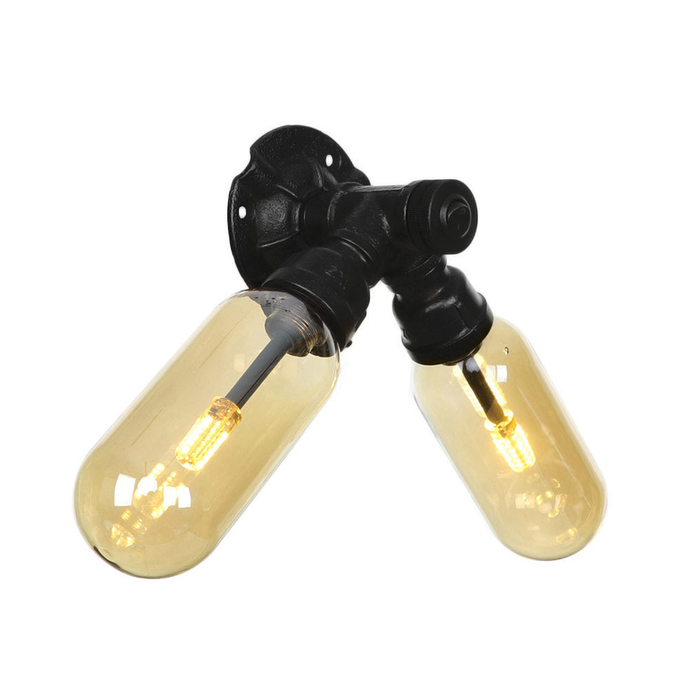 Amber Glass Black Sconce Light Capsule 2 Light Industrial Wall Mounted Pipe Light for Living Room Clearhalo 'Art deco wall lights' 'Cast Iron' 'Glass' 'Industrial wall lights' 'Industrial' 'Middle century wall lights' 'Modern' 'Rustic wall lights' 'Tiffany' 'Traditional wall lights' 'Wall Lamps & Sconces' 'Wall Lights' Lighting' 208504