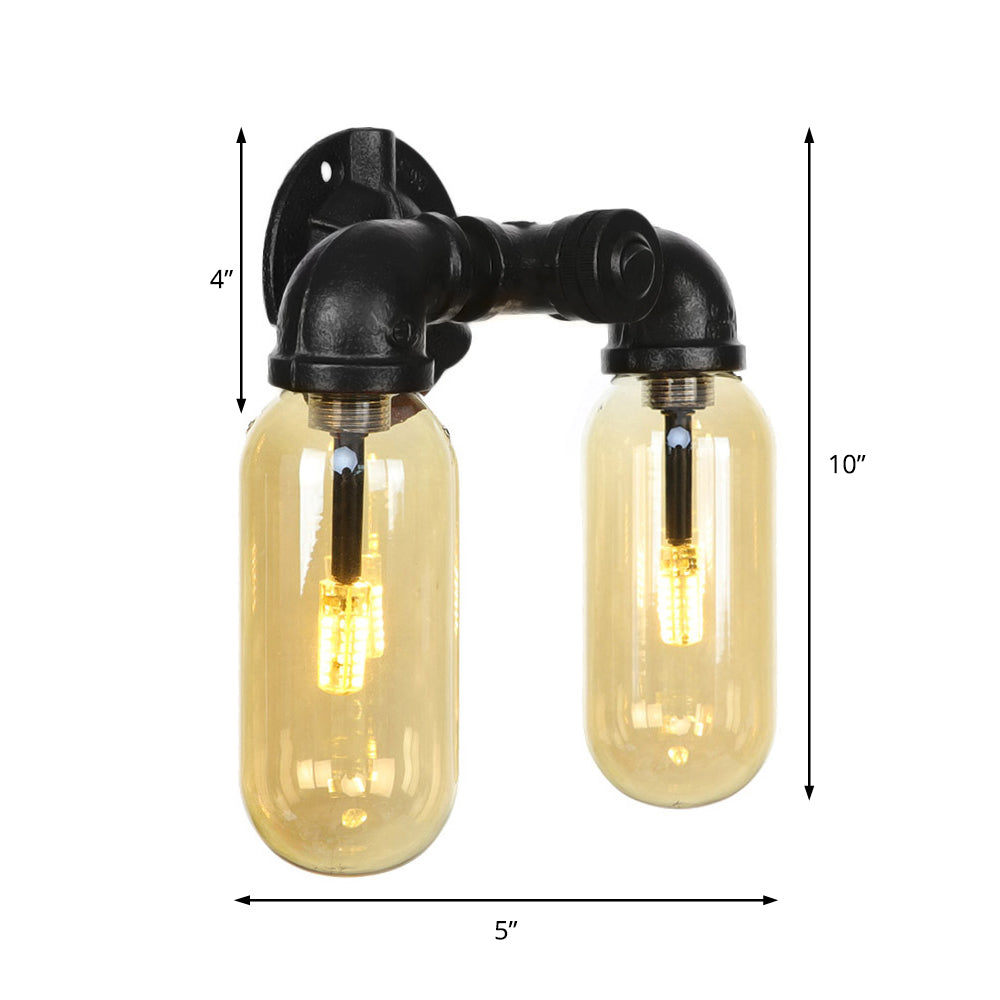 Amber Glass Black Sconce Light Capsule 2 Light Industrial Wall Mounted Pipe Light for Living Room Clearhalo 'Art deco wall lights' 'Cast Iron' 'Glass' 'Industrial wall lights' 'Industrial' 'Middle century wall lights' 'Modern' 'Rustic wall lights' 'Tiffany' 'Traditional wall lights' 'Wall Lamps & Sconces' 'Wall Lights' Lighting' 208508
