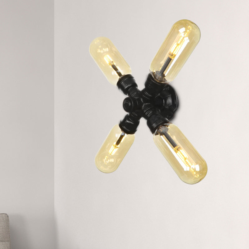Capsule Living Room Wall Light Fixture Industrial Amber Glass 2/4 Light Black Sconce Lamp with Pipe Design Clearhalo 'Art deco wall lights' 'Cast Iron' 'Glass' 'Industrial wall lights' 'Industrial' 'Middle century wall lights' 'Modern' 'Rustic wall lights' 'Tiffany' 'Traditional wall lights' 'Wall Lamps & Sconces' 'Wall Lights' Lighting' 208550