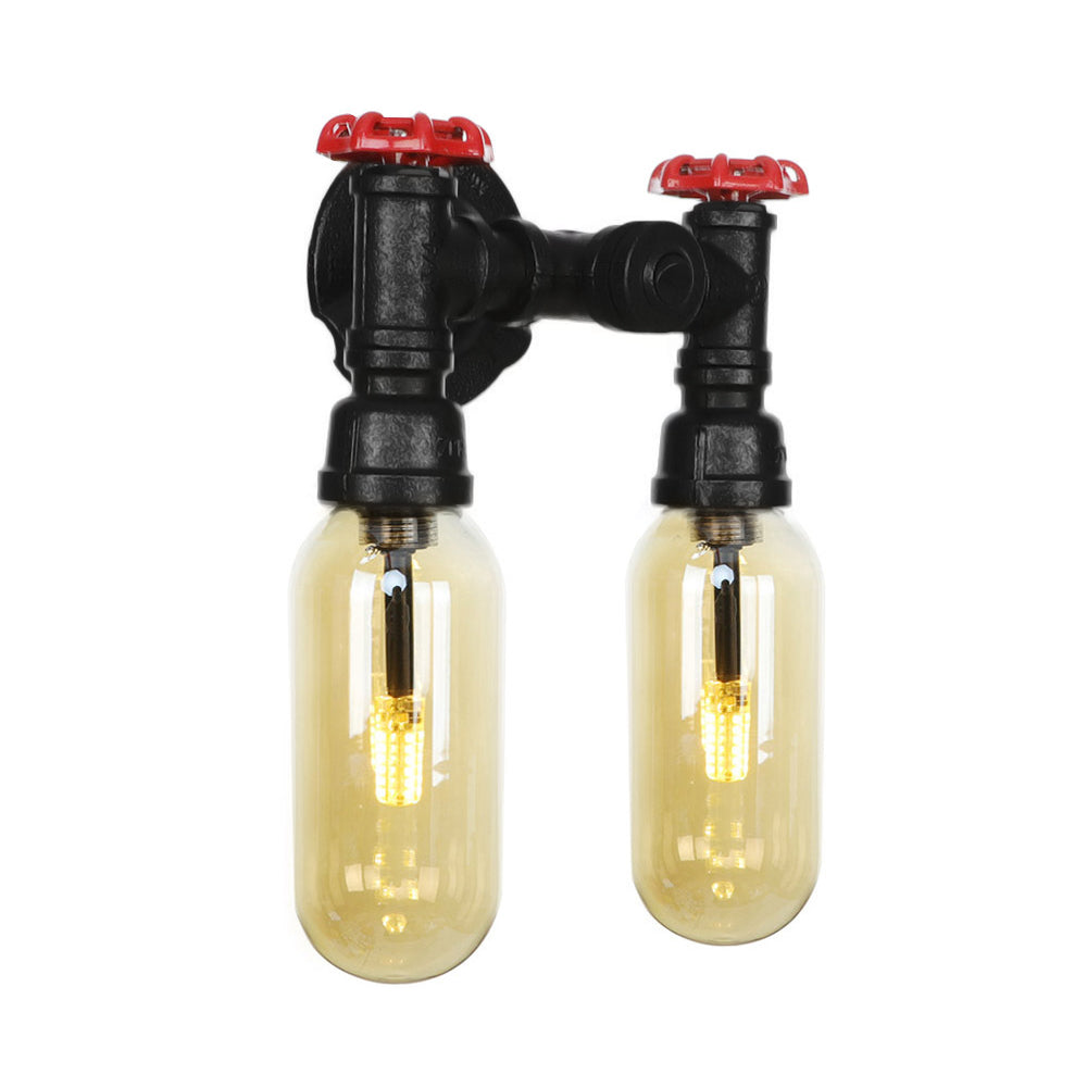 Capsule Living Room Wall Light Fixture Industrial Amber Glass 2/4 Light Black Sconce Lamp with Pipe Design Clearhalo 'Art deco wall lights' 'Cast Iron' 'Glass' 'Industrial wall lights' 'Industrial' 'Middle century wall lights' 'Modern' 'Rustic wall lights' 'Tiffany' 'Traditional wall lights' 'Wall Lamps & Sconces' 'Wall Lights' Lighting' 208554