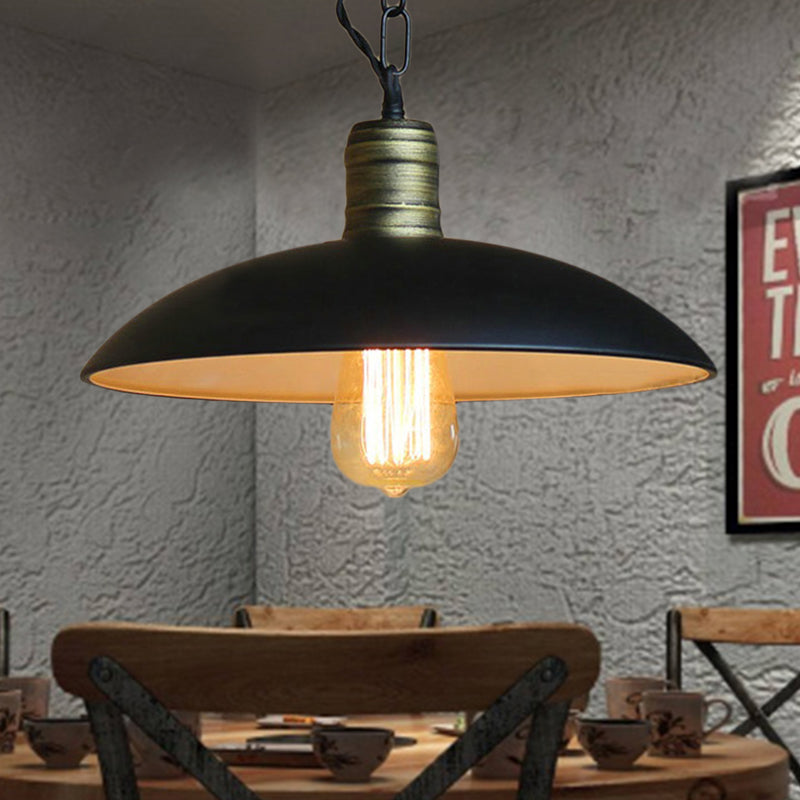 Metallic Black Ceiling Light Bowl Shade 10"/12.5" W 1 Bulb Retro Style Suspension Light with Hanging Chain in Black Black Clearhalo 'Art Deco Pendants' 'Black' 'Cast Iron' 'Ceiling Lights' 'Ceramic' 'Crystal' 'Industrial Pendants' 'Industrial' 'Metal' 'Middle Century Pendants' 'Pendant Lights' 'Pendants' 'Rustic Pendants' 'Tiffany' Lighting' 20867