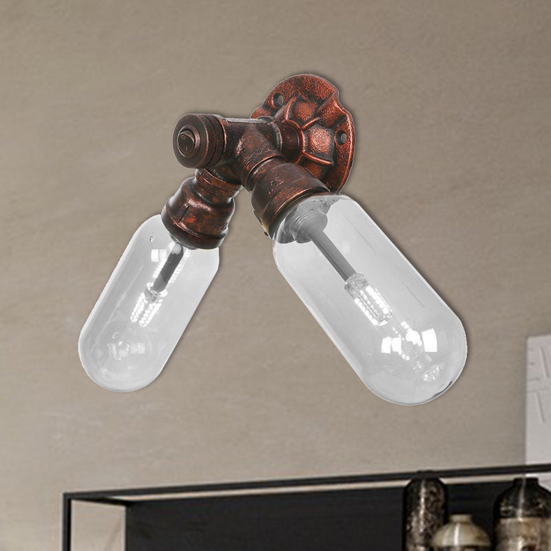 Weathered Copper 2-Light Sconce Light Industrial Clear Glass Oval Wall Lighting Fixture with Pipe Design Clearhalo 'Art deco wall lights' 'Cast Iron' 'Glass' 'Industrial wall lights' 'Industrial' 'Middle century wall lights' 'Modern' 'Rustic wall lights' 'Tiffany' 'Traditional wall lights' 'Wall Lamps & Sconces' 'Wall Lights' Lighting' 208850