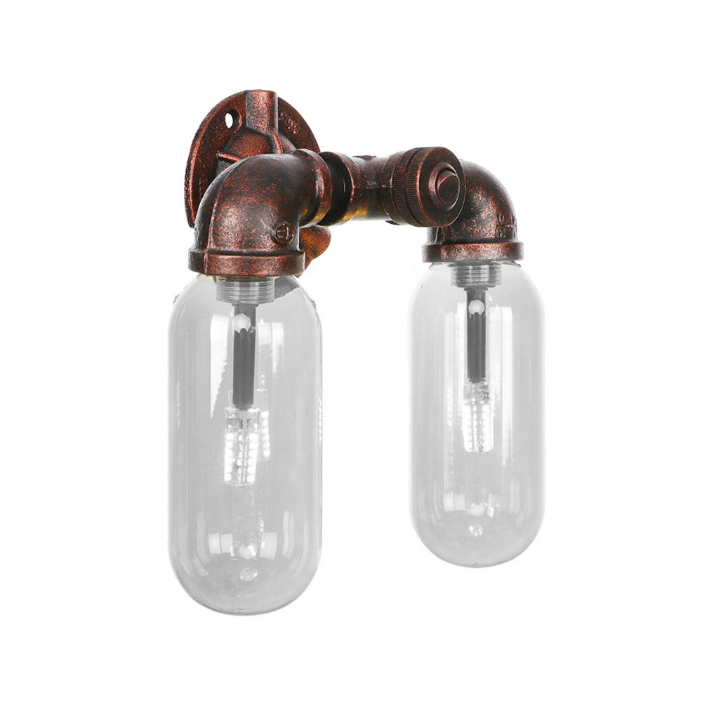 Weathered Copper 2-Light Sconce Light Industrial Clear Glass Oval Wall Lighting Fixture with Pipe Design Clearhalo 'Art deco wall lights' 'Cast Iron' 'Glass' 'Industrial wall lights' 'Industrial' 'Middle century wall lights' 'Modern' 'Rustic wall lights' 'Tiffany' 'Traditional wall lights' 'Wall Lamps & Sconces' 'Wall Lights' Lighting' 208855