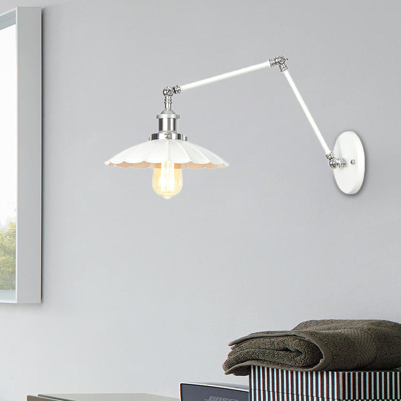 1 Light Wall Lamp Lighting Industrial Cone/Saucer/Wavy Metal Sconce Light Fixture in White with Adjustable Arm Clearhalo 'Art deco wall lights' 'Cast Iron' 'Glass' 'Industrial wall lights' 'Industrial' 'Middle century wall lights' 'Modern' 'Rustic wall lights' 'Tiffany' 'Traditional wall lights' 'Wall Lamps & Sconces' 'Wall Lights' Lighting' 208891
