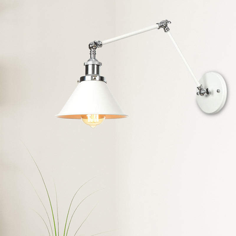 1 Light Wall Lamp Lighting Industrial Cone/Saucer/Wavy Metal Sconce Light Fixture in White with Adjustable Arm White Cone Clearhalo 'Art deco wall lights' 'Cast Iron' 'Glass' 'Industrial wall lights' 'Industrial' 'Middle century wall lights' 'Modern' 'Rustic wall lights' 'Tiffany' 'Traditional wall lights' 'Wall Lamps & Sconces' 'Wall Lights' Lighting' 208895