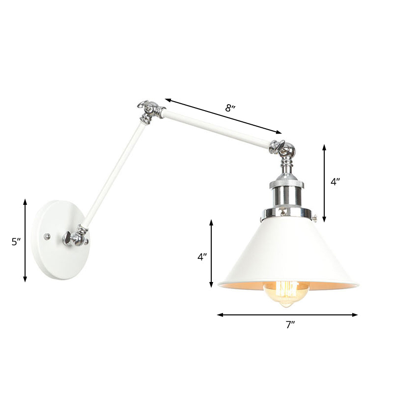 1 Light Wall Lamp Lighting Industrial Cone/Saucer/Wavy Metal Sconce Light Fixture in White with Adjustable Arm Clearhalo 'Art deco wall lights' 'Cast Iron' 'Glass' 'Industrial wall lights' 'Industrial' 'Middle century wall lights' 'Modern' 'Rustic wall lights' 'Tiffany' 'Traditional wall lights' 'Wall Lamps & Sconces' 'Wall Lights' Lighting' 208897