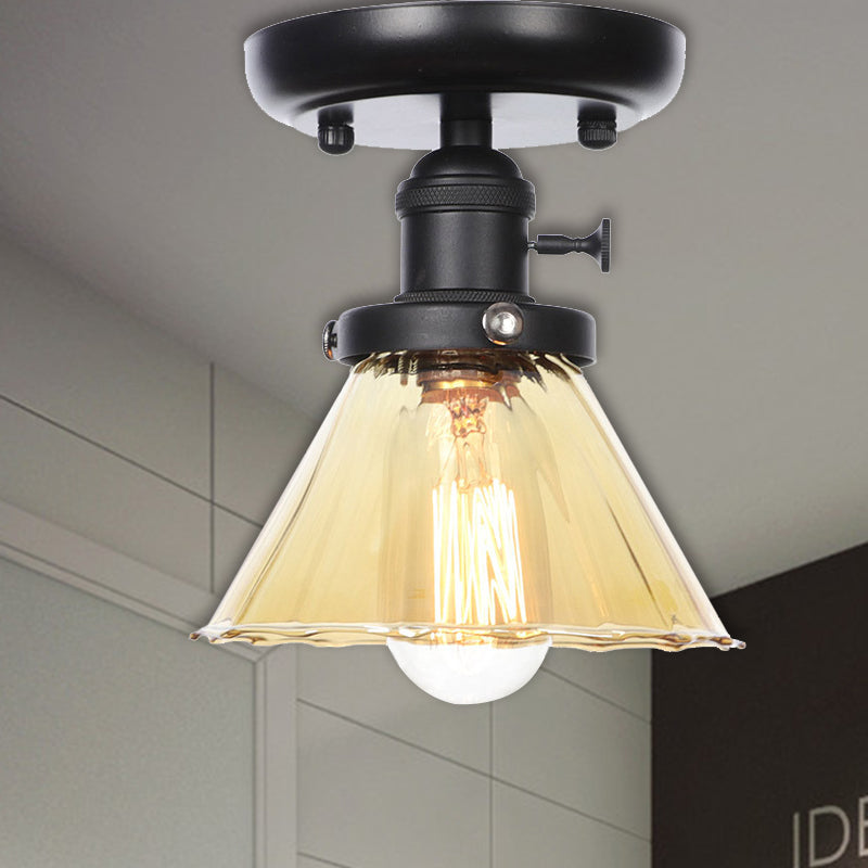 1 Bulb Semi Flush Mount Clear/Amber Glass Industrial Cone/Rhombus/Bell Ceiling Light for Kitchen Amber Bell Clearhalo 'Ceiling Lights' 'Close To Ceiling Lights' 'Close to ceiling' 'Glass shade' 'Glass' 'Semi-flushmount' Lighting' 208903