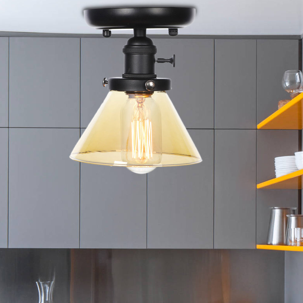 1 Bulb Semi Flush Mount Clear/Amber Glass Industrial Cone/Rhombus/Bell Ceiling Light for Kitchen Amber Cone Clearhalo 'Ceiling Lights' 'Close To Ceiling Lights' 'Close to ceiling' 'Glass shade' 'Glass' 'Semi-flushmount' Lighting' 208910