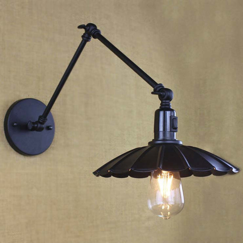 Black/White Scalloped Wall Light with Swing Arm Vintage Stylish Metal 1 Bulb Living Room Wall Sconce Lighting Clearhalo 'Art deco wall lights' 'Cast Iron' 'Glass' 'Industrial wall lights' 'Industrial' 'Middle century wall lights' 'Modern' 'Rustic wall lights' 'Tiffany' 'Traditional wall lights' 'Wall Lamps & Sconces' 'Wall Lights' Lighting' 208992