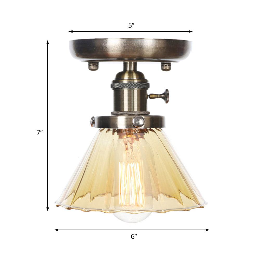1 Light Ceiling Lighting Industrial Cone/Bell/Rhombus Clear/Amber Glass Semi Flush Mount Light in Bronze Clearhalo 'Ceiling Lights' 'Close To Ceiling Lights' 'Close to ceiling' 'Glass shade' 'Glass' 'Semi-flushmount' Lighting' 209011