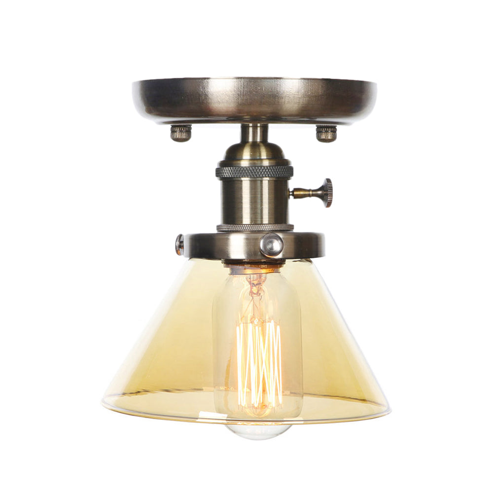1 Light Ceiling Lighting Industrial Cone/Bell/Rhombus Clear/Amber Glass Semi Flush Mount Light in Bronze Clearhalo 'Ceiling Lights' 'Close To Ceiling Lights' 'Close to ceiling' 'Glass shade' 'Glass' 'Semi-flushmount' Lighting' 209013
