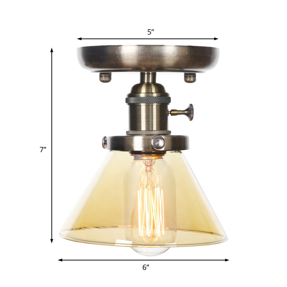 1 Light Ceiling Lighting Industrial Cone/Bell/Rhombus Clear/Amber Glass Semi Flush Mount Light in Bronze Clearhalo 'Ceiling Lights' 'Close To Ceiling Lights' 'Close to ceiling' 'Glass shade' 'Glass' 'Semi-flushmount' Lighting' 209014
